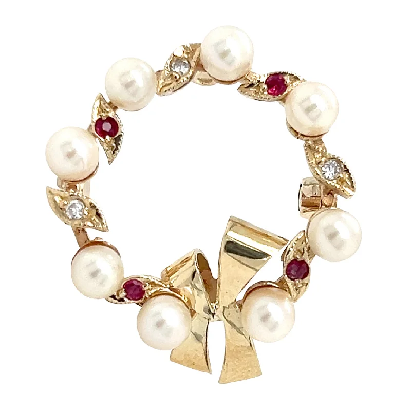 wedding brooch for brides-Pearl, Ruby & Diamond Brooch