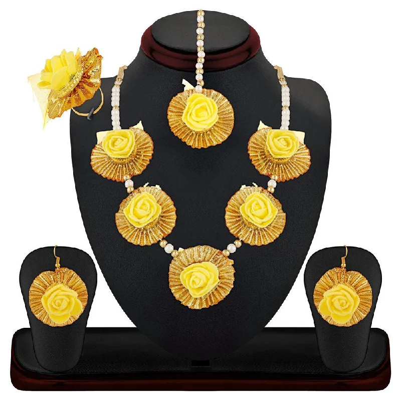 boho style necklace for women-Mahi Gotta Patti Yellow Floret Pearl Jewellery Set Combo