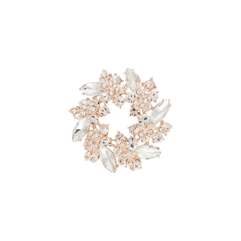 luxurious brooch for weddings-Rose Gold Diamante Leaf Round Brooch