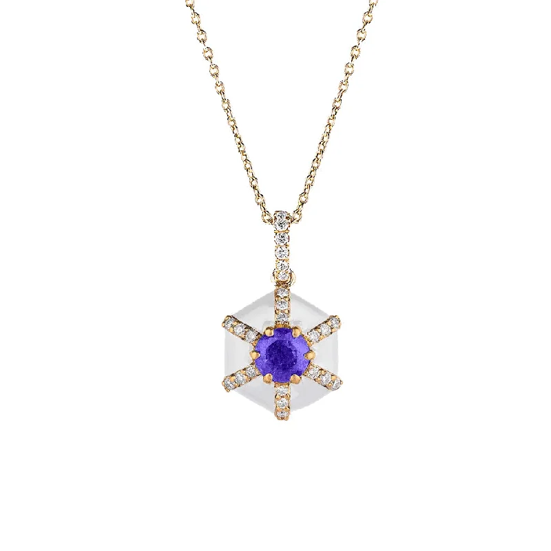 yellow gold pendant necklace for women-Tanzanite and Diamond Hexagon Shape Pendant