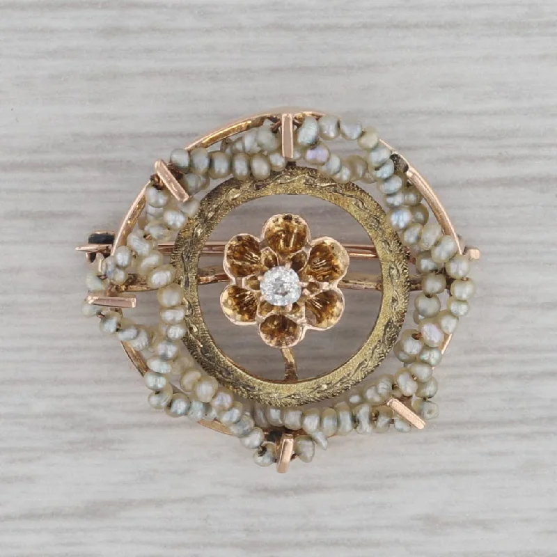 diamond engagement rings with intricate bands for women-Antique Seed Pearl Diamond Flower Pin 10k Yellow Gold Small Circle Brooch