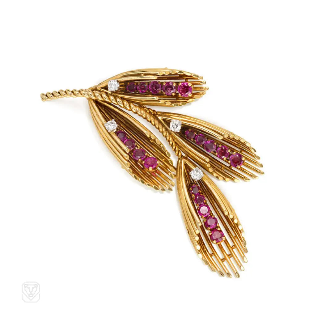 butterfly enamel brooch for women-Retro gold, ruby, and diamond foliate motif brooch