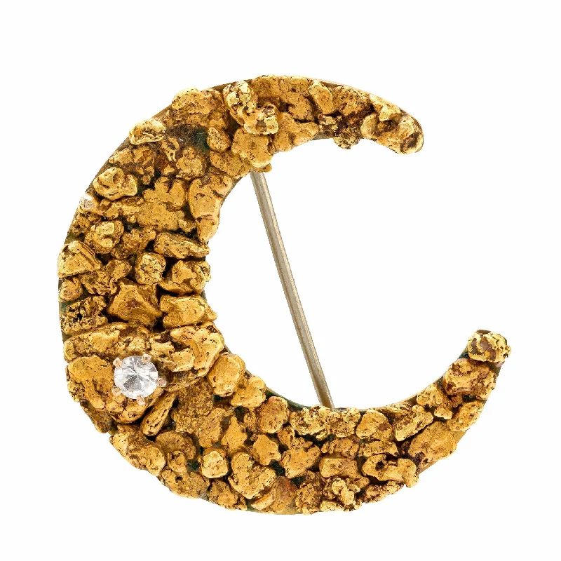 autumn leaf brooch for women-Antique 18k yellow gold nugget diamond crescent brooch