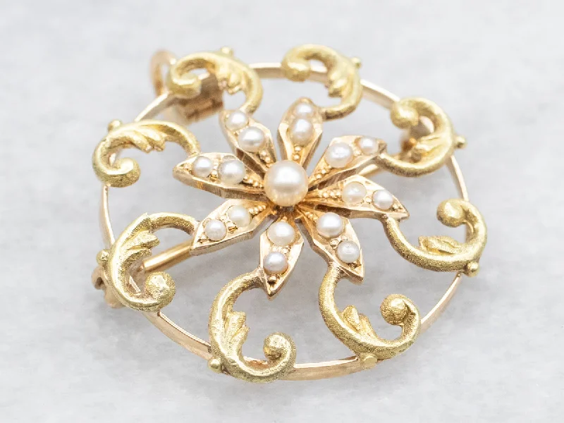 statement floral brooch for women-Art Nouveau Era Seed Pearl Scrolling Floral Brooch or Pendant