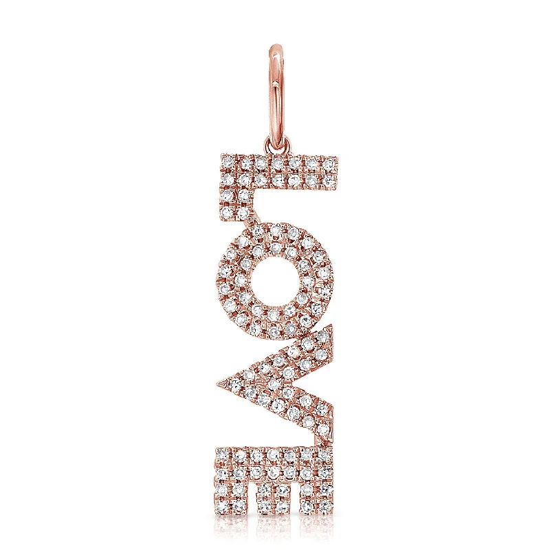 personalized initial necklace for women-14K Rose Gold Diamond "Love" Drop Charm Pendant