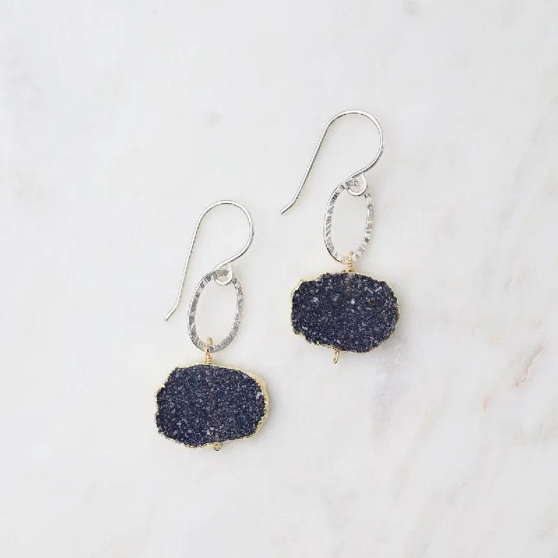 vintage rhinestone drop earrings for women-Black Druzy Drop Earrings