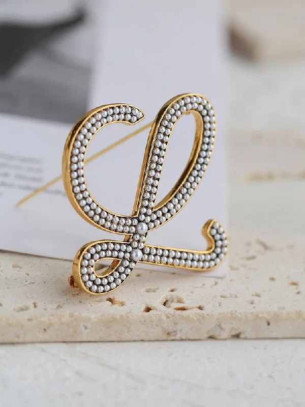 handmade brooch for women-Diamond Inlaid Letter Pearl Brooch