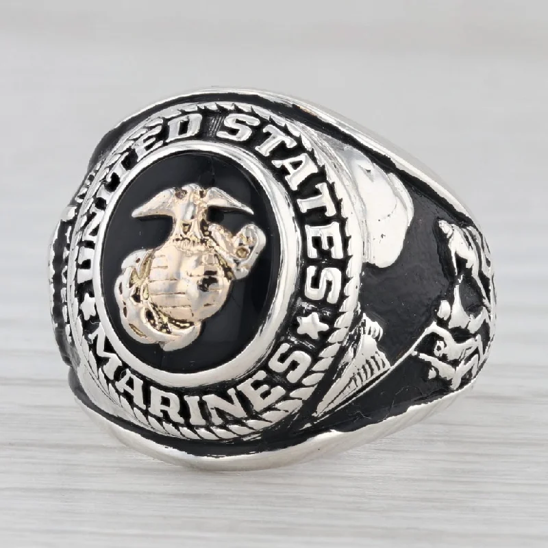 rose gold solitaire engagement rings for women-United States Marine Corps Onyx Signet Ring Sterling Silver Size 9 AS IS