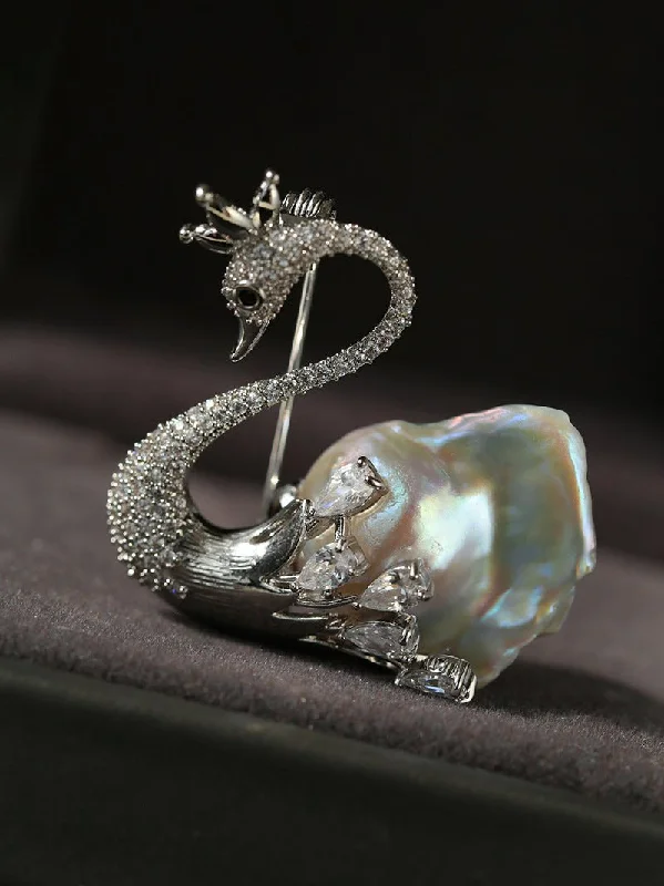 sapphire brooch for women-Diamond Swan Baroque Pearl Brooch