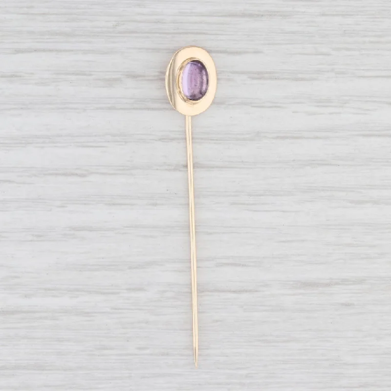 vintage engagement rings for women-Vintage Amethyst Stickpin 14k Yellow Gold Oval Cabochon Solitaire