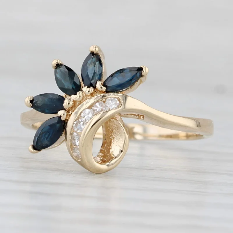 sapphire halo engagement rings for women-0.56ctw Blue Sapphire Diamond Flower Ring 14k Yellow Gold Size 8