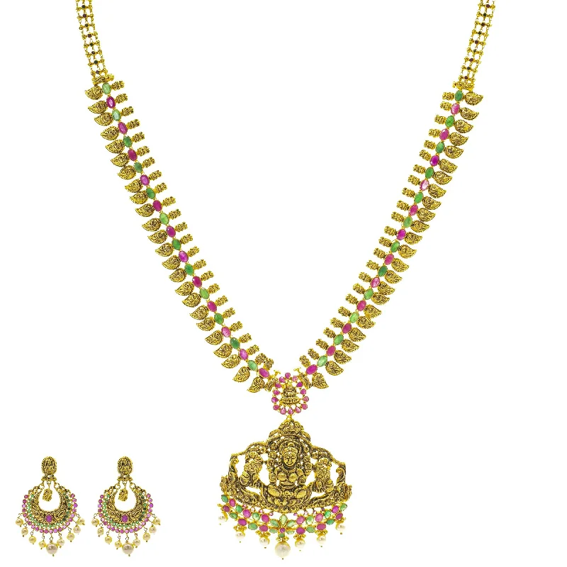 romantic diamond necklace for women-22K Gold Antique Laxmi Jeweled Temple Set