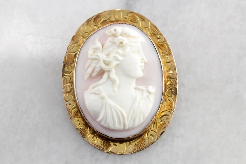 luxurious flower brooch for women-Antique Pink Conch Shell Cameo Brooch or Pendant, Caribbean Conch Shell from the Art Nouveau Era