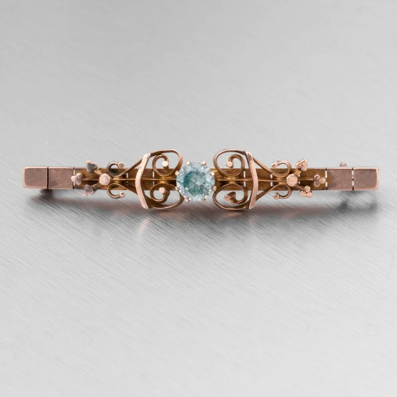 luxury floral brooch for women-Antique Victorian Etruscan Revival 14k Rose Gold Aquamarine Scroll Brooch Pin