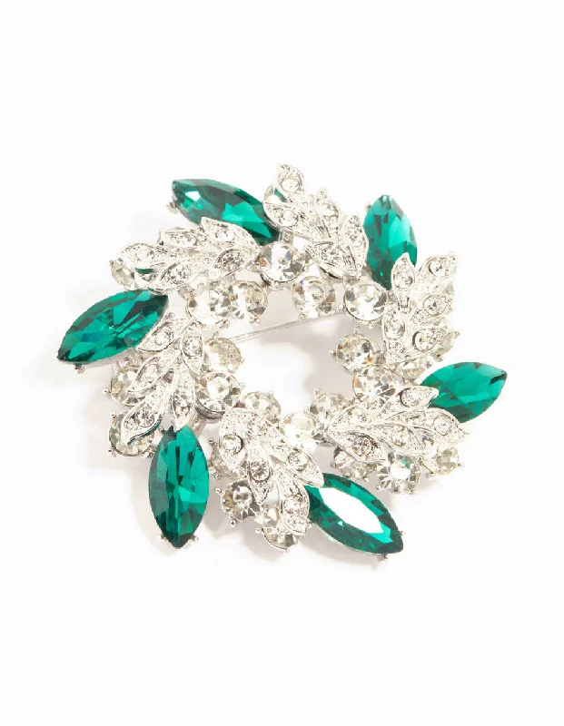 pearl and diamond brooch for women-Silver & Green Diamante Wreath Brooch