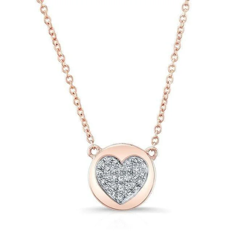 pearl chain necklace for women-14K Rose Gold Diamond Double Sided Disc and Pave Heart Pendant