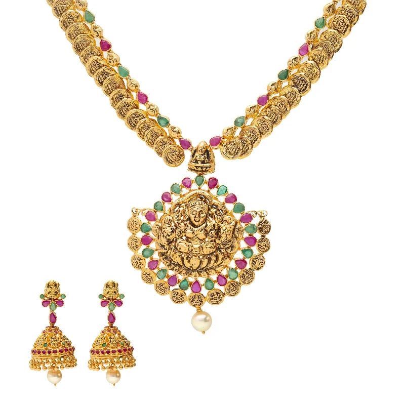 vintage floral necklace for women-22K Gold & Gemstone Jeweled Medallion Temple Set