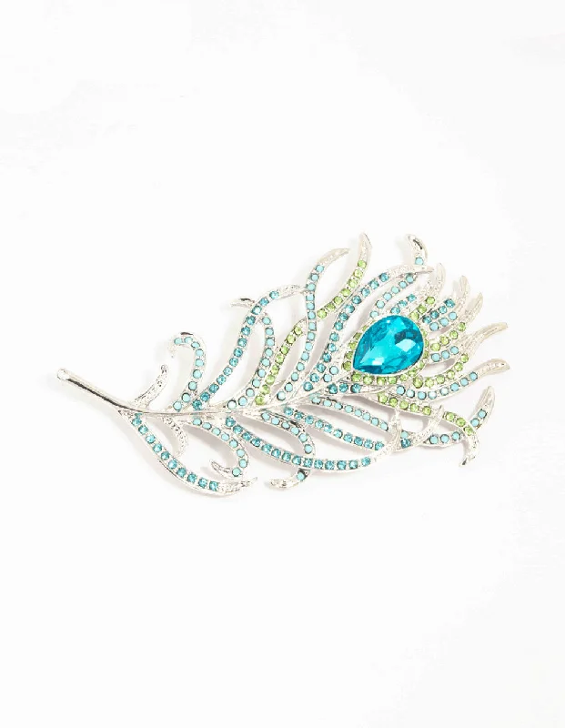 chic gemstone brooch for women-Silver Diamante Peacock Feather Brooch