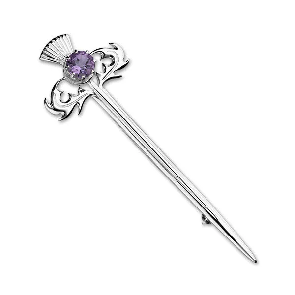 gold floral brooch for women-Thistle Silver Stone Brooch CB106 Amethyst