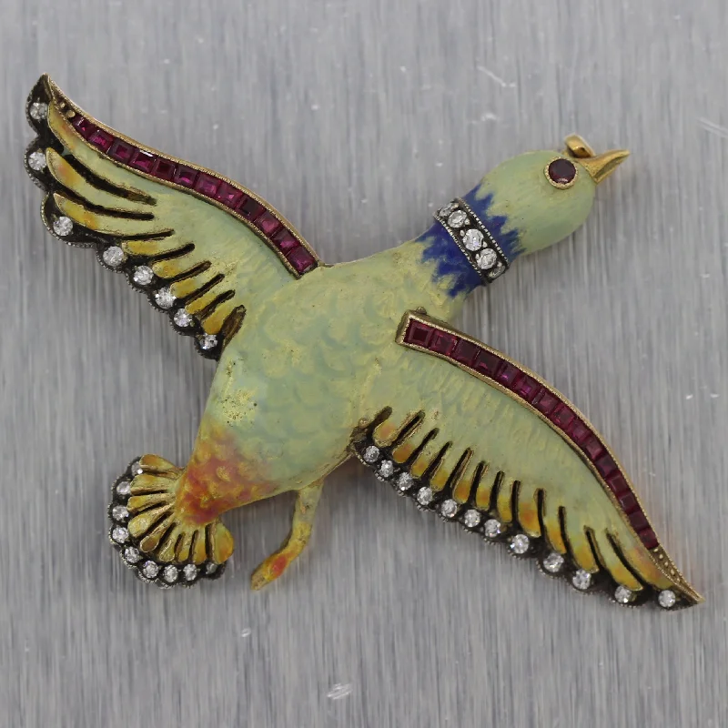 unique brooch for women-1890 Antique Victorian 18k Yellow Gold Silver Enamel & Diamond Bird Brooch Pin