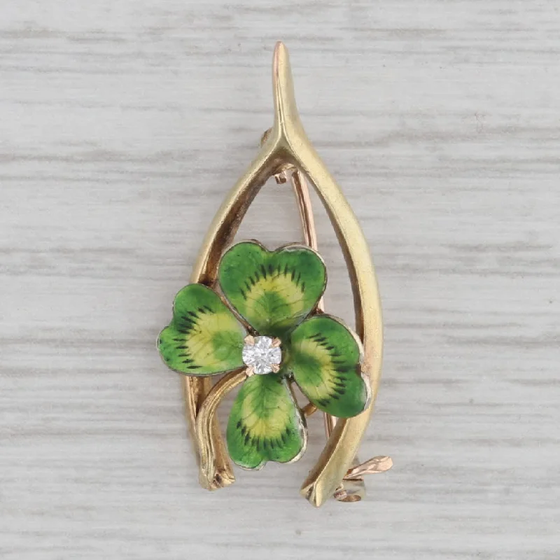 engagement rings with colored stones for women-Vintage Lucky Brooch Green Shamrock Diamond Wishbone Pin 14k Yellow Gold