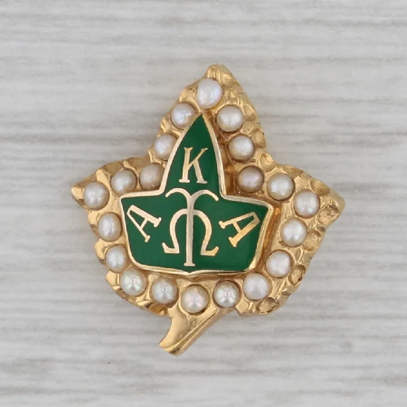 vintage-inspired engagement rings for women-Alpha Kappa Alpha Sorority Leaf Badge 10k Gold Pearl Enamel Vintage Greek Pin