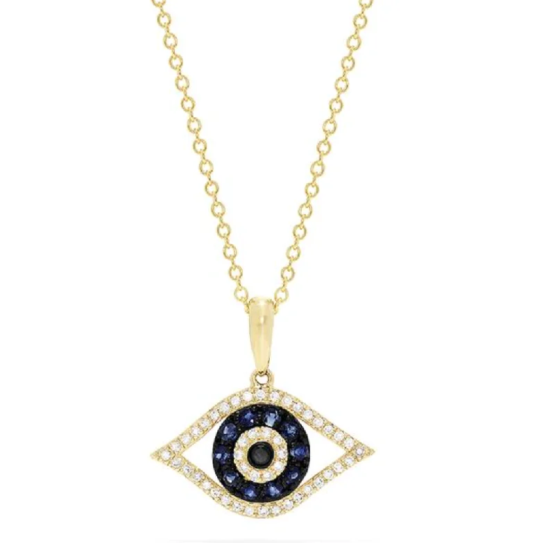 silver heart necklace for women-14K Yellow Gold Sapphire & Diamond Evil Eye Pendant