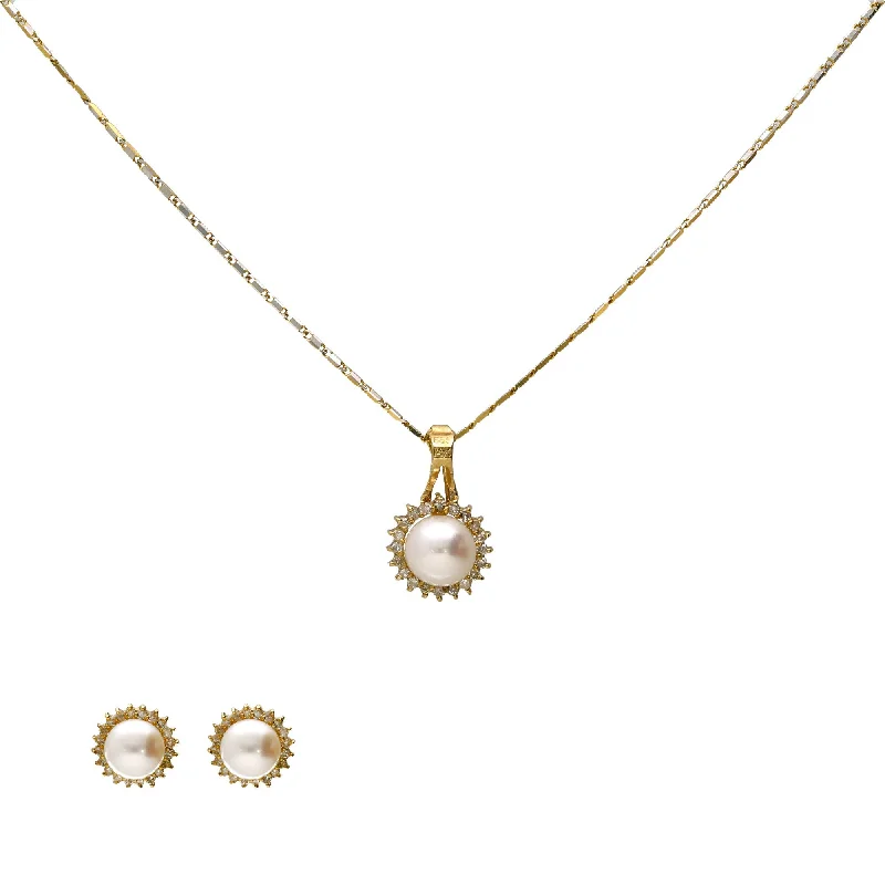 cross pendant necklace for women-18K Gold, Diamond, & Pearl Pendant Set