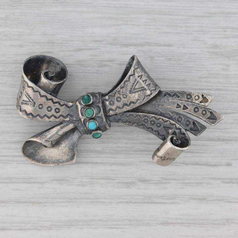 nature-inspired engagement rings for women-Vintage Turquoise Bow Brooch Sterling Silver Native American Statement Pin