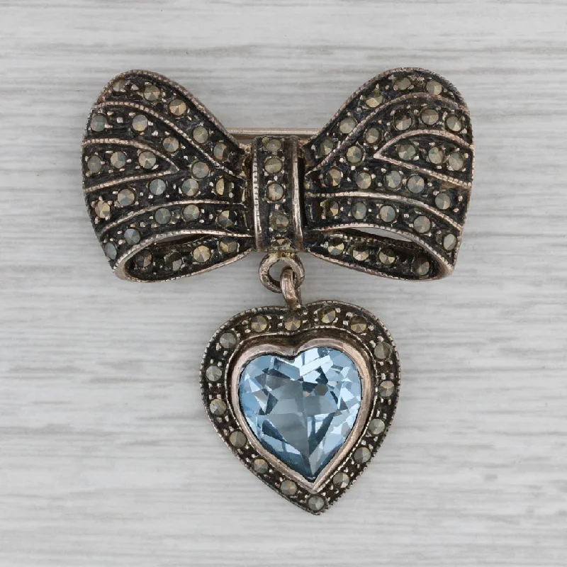 unique engagement rings for women-Vintage Lab Created Blue Spinel Heart Bow Brooch Sterling Silver Marcasite Pin