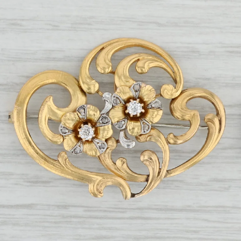 engagement rings with side diamonds for women-Art Nouveau Antique Flower Brooch 18k Yellow Gold Ornate Floral Pin