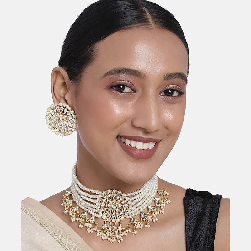 vintage leaf necklace for women-Etnico 18k Gold Plated Traditional Choker Set Glided With Kundan & Pearls For Women/Girls (K7097W)