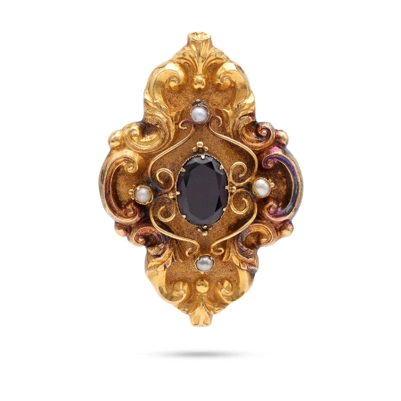 artistic brooch for women-Victorian Red Garnet Pearl Gold Mourning Jewelry Brooch