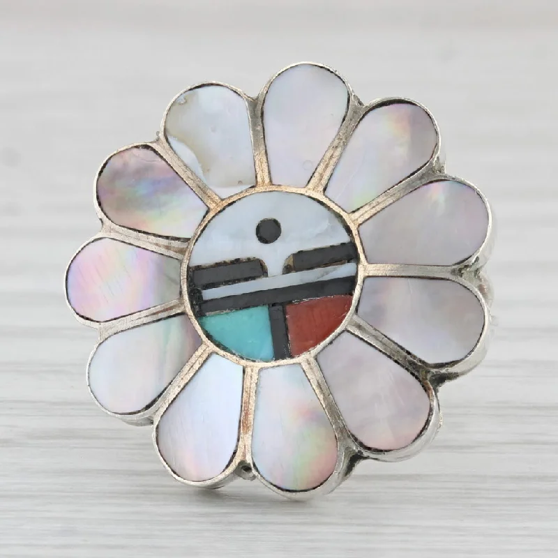 platinum cushion engagement rings for women-Native American Mosaic Flower Ring Sterling Silver Zuni Laahte Turquoise Coral