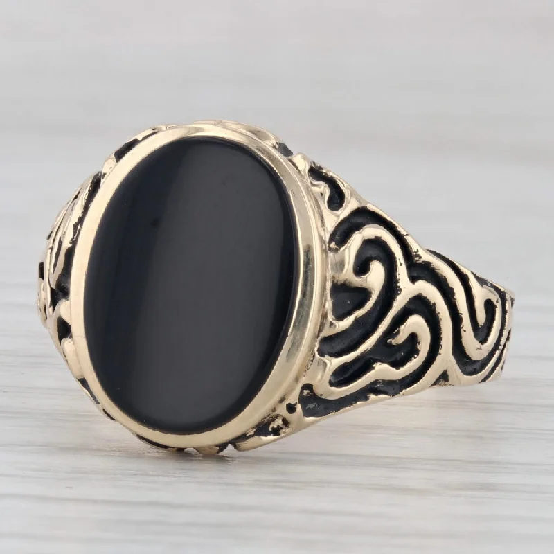 platinum cushion engagement rings for women-ornate Onyx Men's Ring 10k Yellow Gold Size 13.5 Vintage