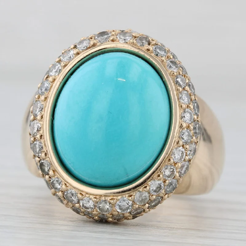 vintage diamond engagement rings for women-Turquoise Diamond Halo Ring 14k Yellow Gold Size 7 Oval Cabochon