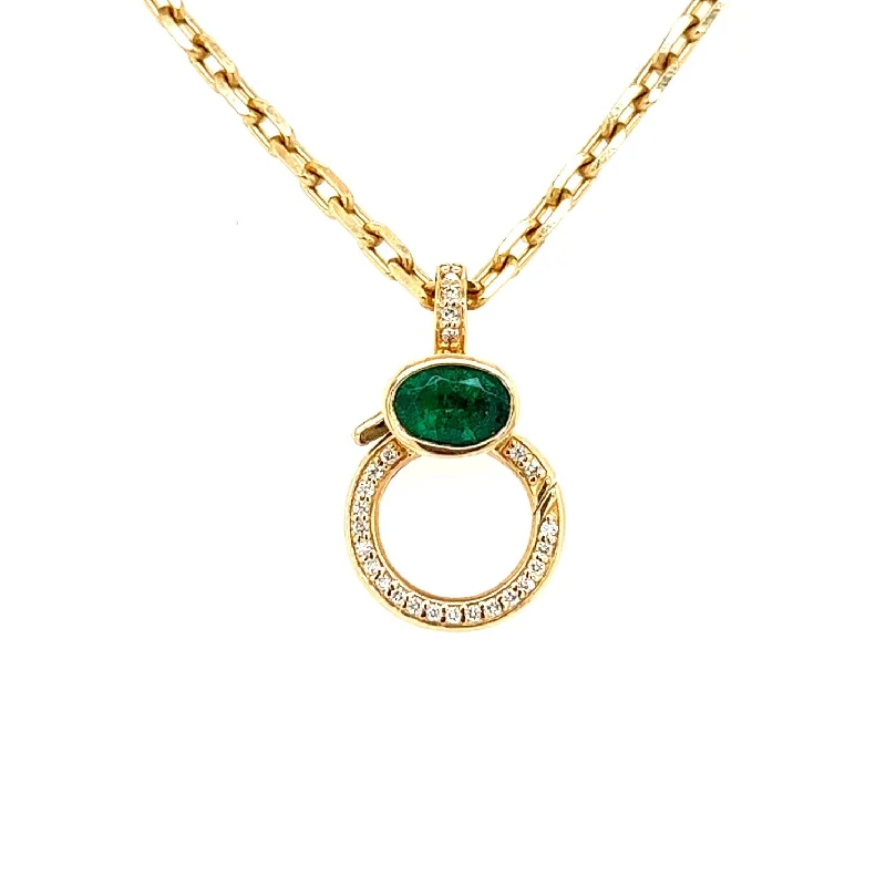 colorful necklace for women-14k Yellow Gold Diamond & Emerald Oval