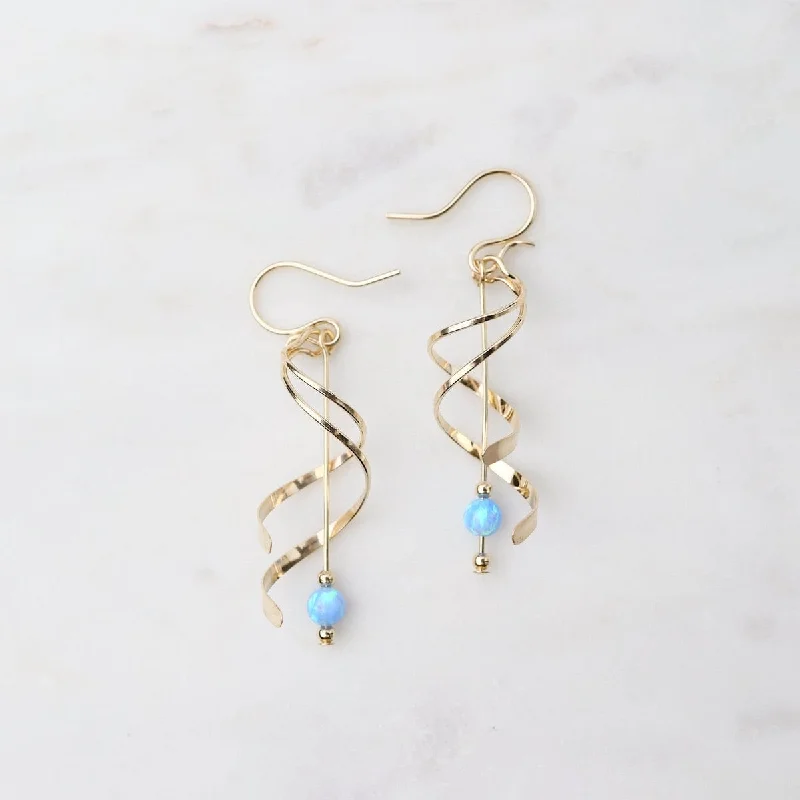 teardrop gemstone earrings for women-Double Spiral with Hanging Blue Opal Ball Earrings