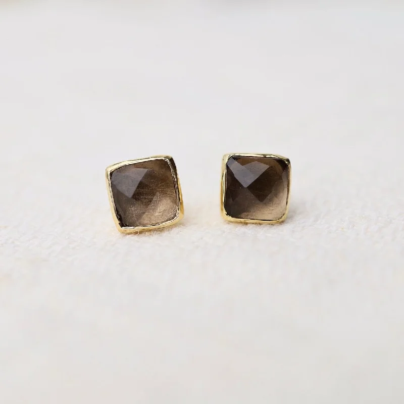 luxury gemstone earrings for women-Madeline Stud Earrings - Vermeil Square - Smoky Quartz