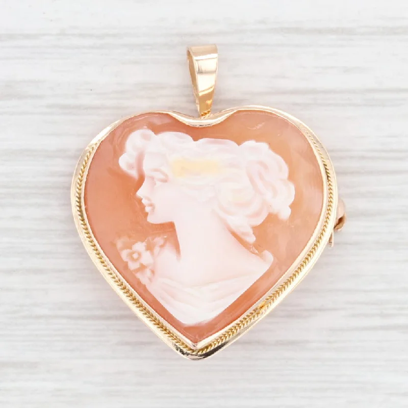 platinum engagement rings with diamonds for women-Carved Shell Cameo Heart Brooch Pendant 14k Yellow Gold Italian Figural Pin