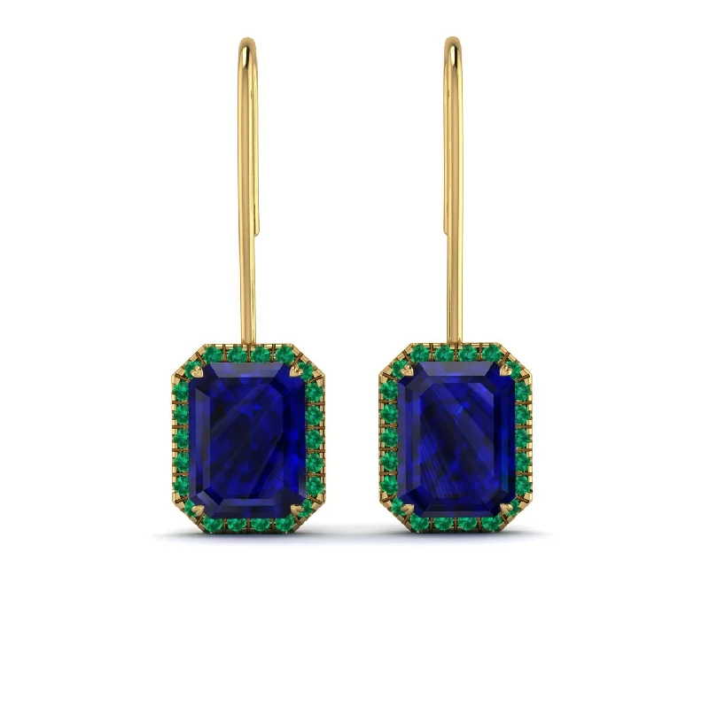 birthstone earrings for women-Halo Emerald Cut Sapphire Earrings - Izabella No. 28