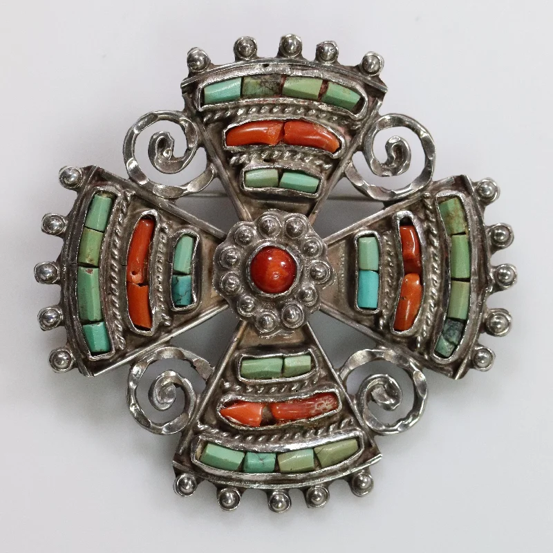 fancy crystal brooch for women-MATL Brooch | Matilde Poulat Coral and Turquoise Cross Pin | Vintage Sterling Silver Mexico