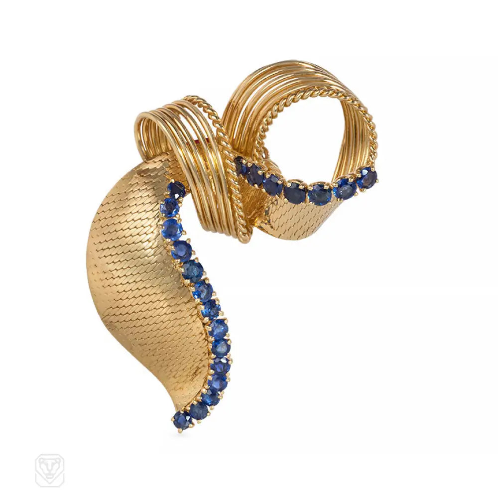 vintage brooch with pearls for women-Cartier 1950s Gold and Sapphire Bow Ribbon Brooch