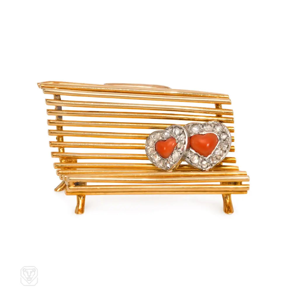 vintage-inspired brooch for women-Lovers on bench brooch. Cartier, Paris