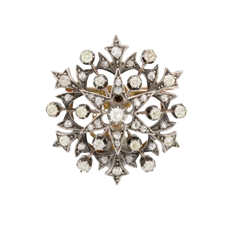 diamond-studded brooch for women-Antique French Old Cut Diamond 18K Yellow Gold Silver Brooch