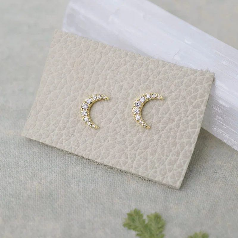 vintage pearl drop earrings for women-Gold Vermeil Pave Crescent Moon Stud Earrings