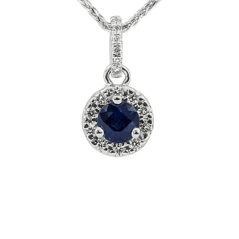 statement gemstone necklace for women-Blue Sapphire and Diamond Halo Pendant