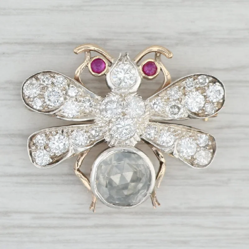 non-traditional engagement rings for women-Antique 1.55ctw Diamond Ruby Fly Brooch 10k Gold Silver Bee Pin