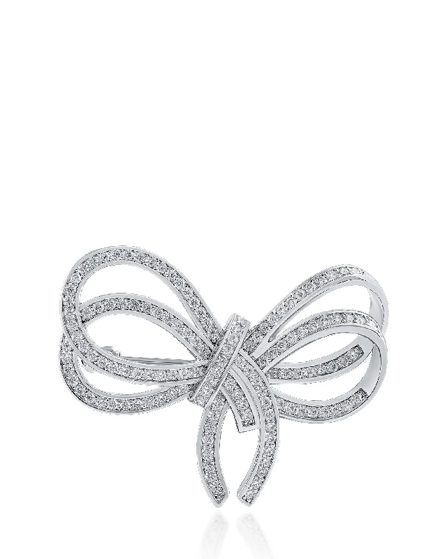 flower-shaped rhinestone brooch for women-Pave CZ Double Bow Brooch