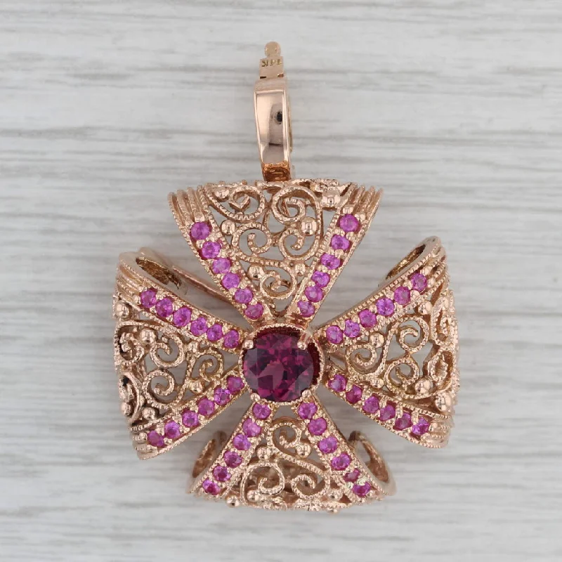 twist band engagement rings for women-2ctw Red Garnet Pink Sapphire Filigree Cross Pendant Brooch 14k Rose Gold